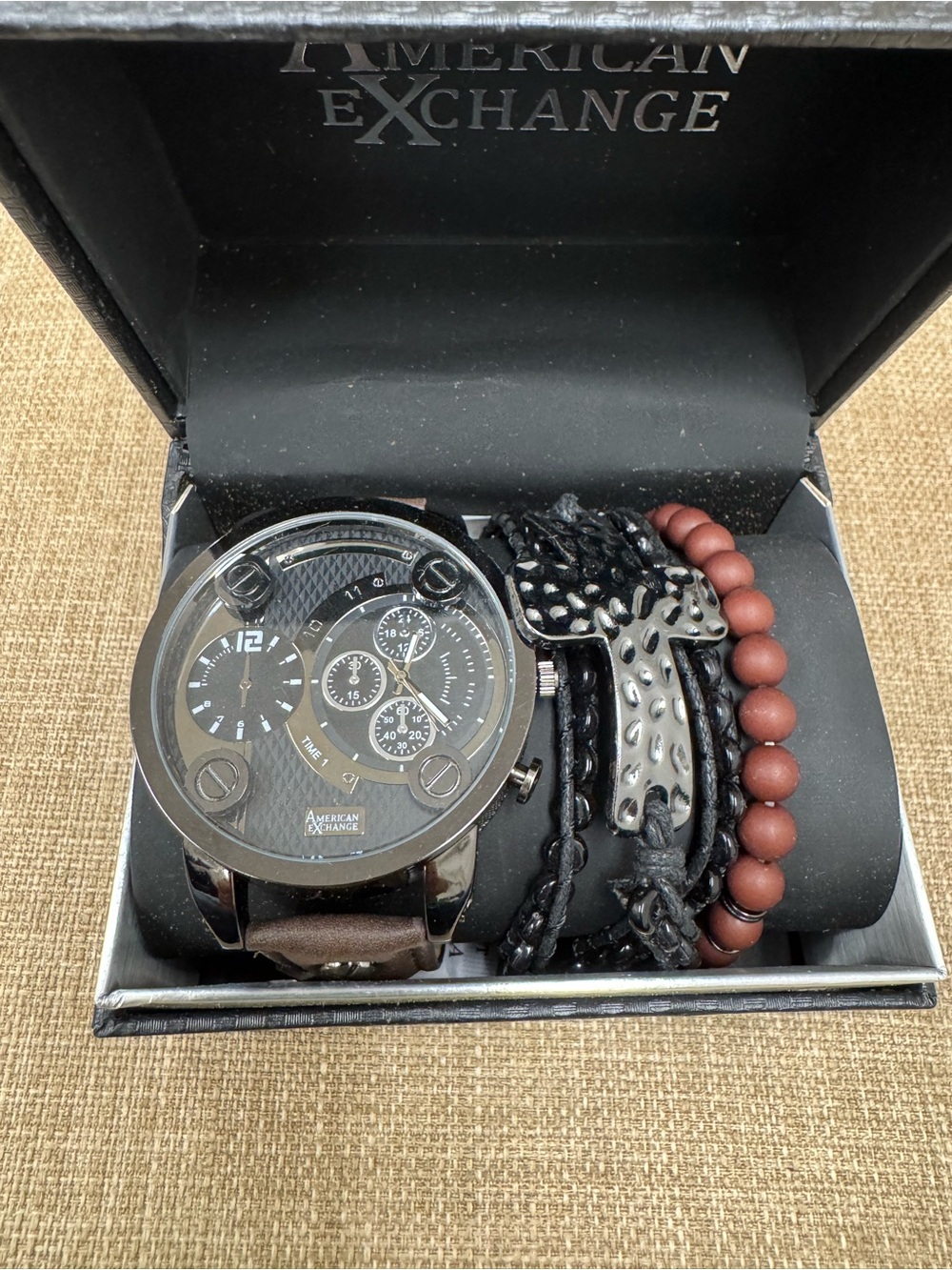 American Exchange Men’s Analog Watch Black Dial Brown Strap Multi-Dial Box